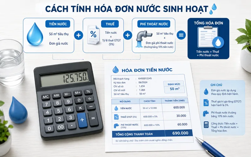 Tổng hóa đơn có thể bao gồm tiền nước sạch, thuế và khoản thu dịch vụ thoát nước hoặc xử lý nước thải.