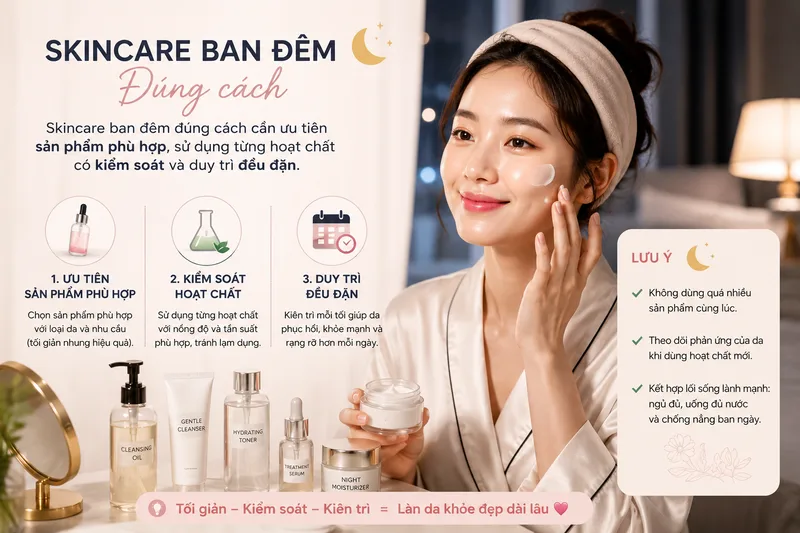 Skincare ban đêm đúng cách cần ưu tiên sản phẩm phù hợp, sử dụng từng hoạt chất có kiểm soát và duy trì đều đặn.