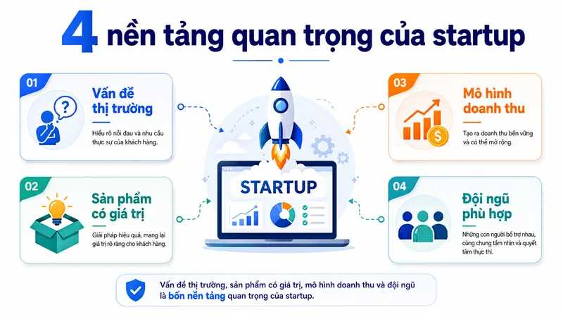 Vấn đề thị trường, sản phẩm có giá trị, mô hình doanh thu và đội ngũ là bốn nền tảng quan trọng của startup.