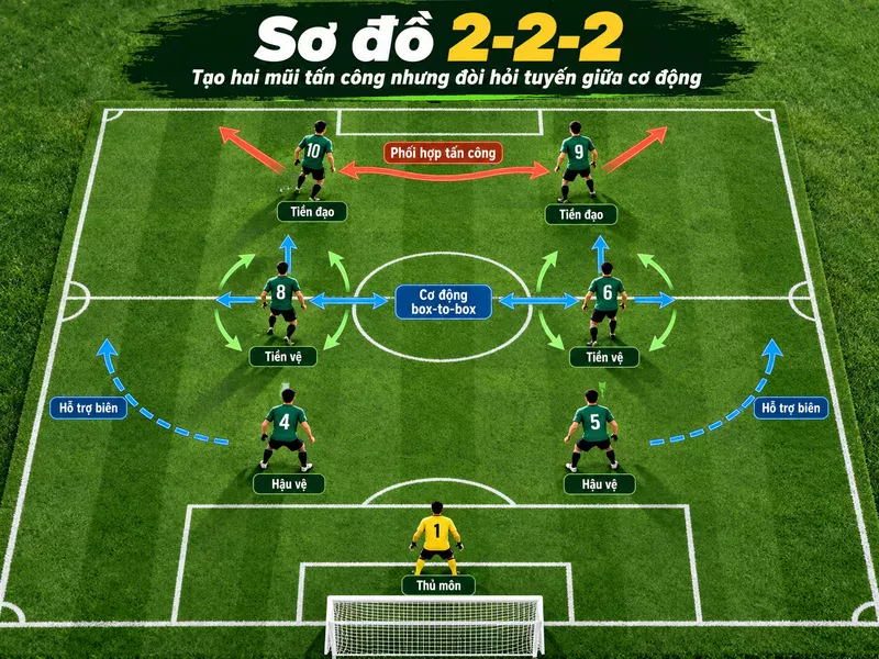 Sơ đồ 2-2-2 tạo hai mũi tấn công nhưng đòi hỏi tuyến giữa cơ động