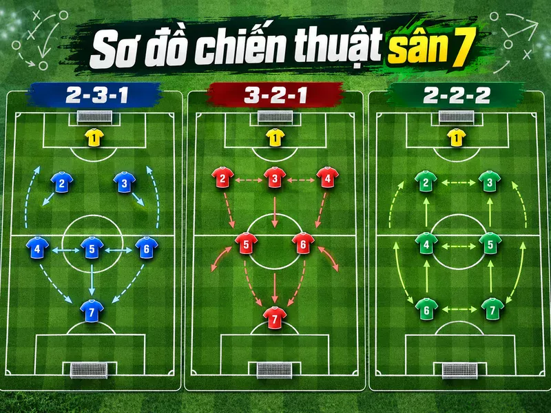 Sơ đồ sân 7 phân chia sáu cầu thủ và thủ môn theo từng nhiệm vụ